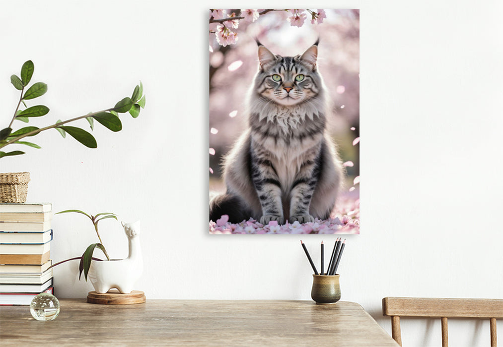 Premium Textil-Leinwand Eine Maine Coon Katze sitzt unter blühenden Kirschblüten und zeigt ihre ganze Schönheit.