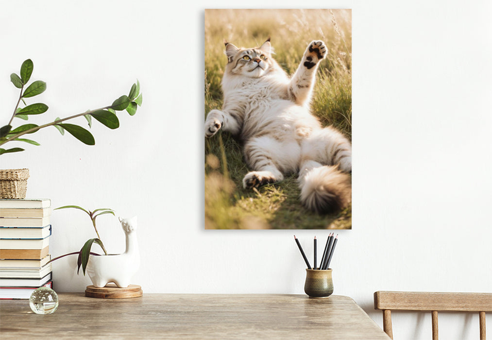 Premium Textil-Leinwand Eine Maine Coon Katze liegt entspannt im hohen Gras und streckt spielerisch ihre Pfote aus.