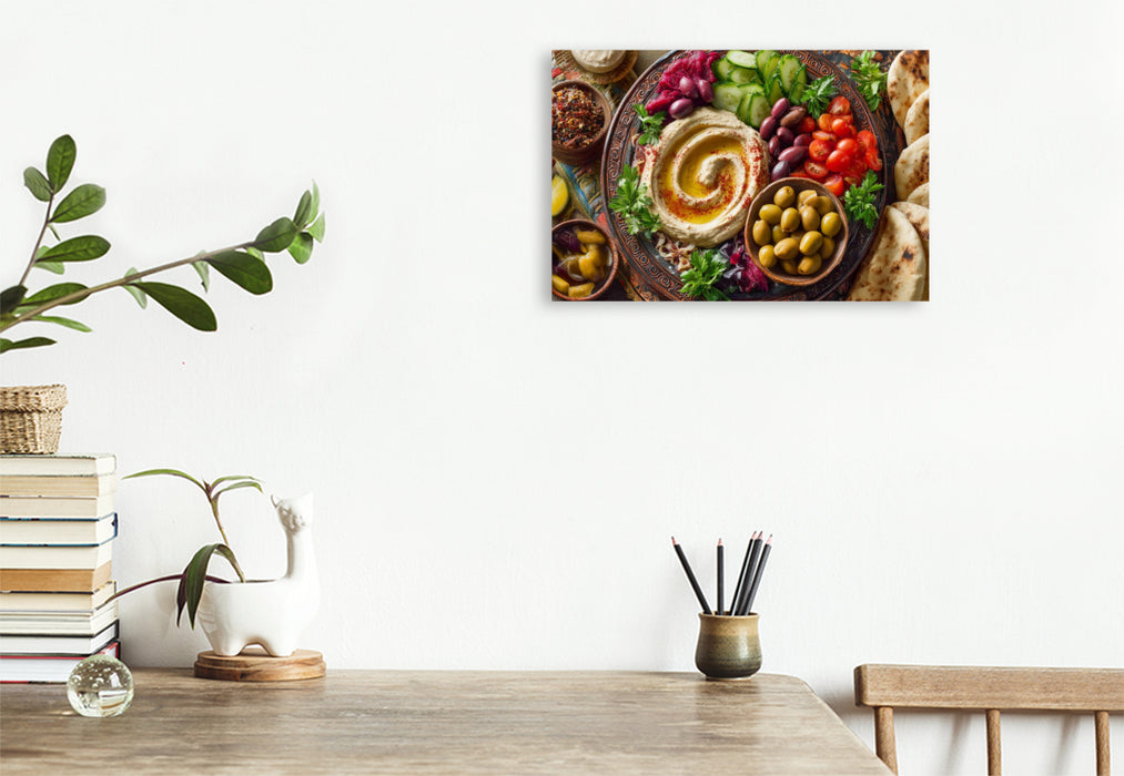 Premium Textil-Leinwand Mediterrane Mezze, Vielfalt der Aromen