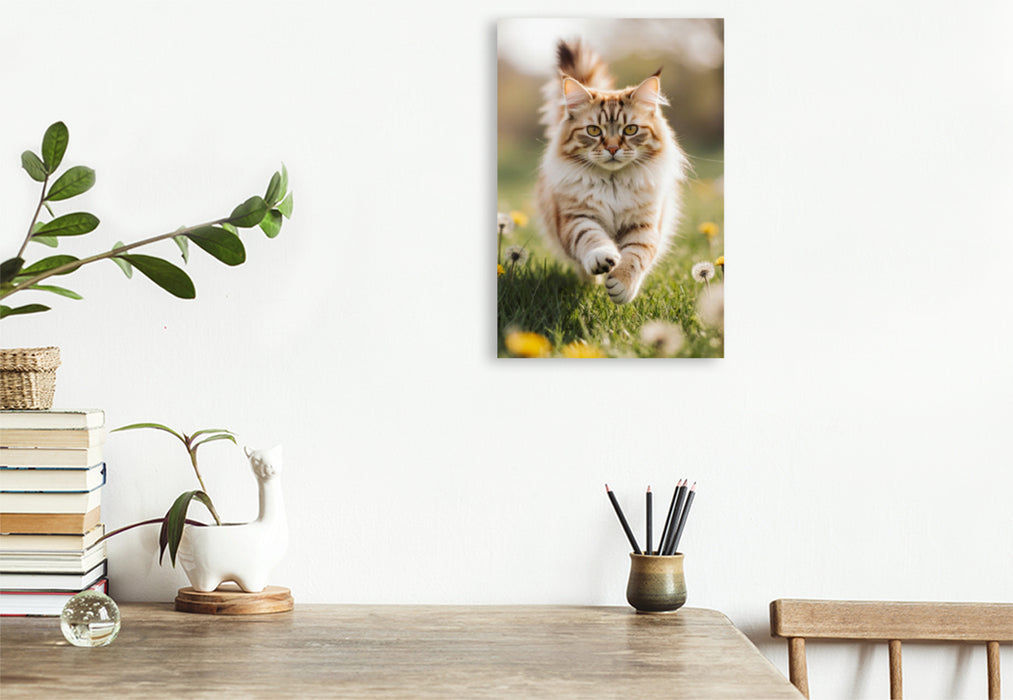 Premium Textil-Leinwand Die Maine Coon Katze läuft voller Energie durch eine blühende Frühlingswiese.