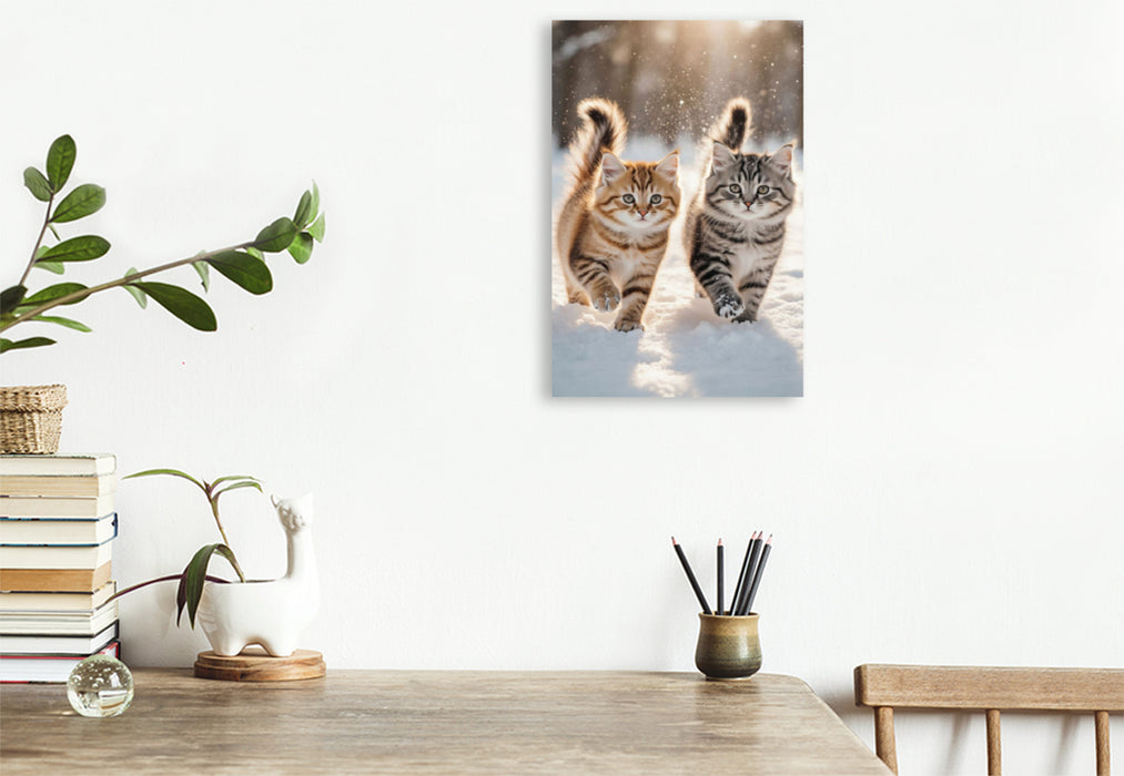 Premium Textil-Leinwand Zwei Maine Coon Katzenbabys toben im Schnee und verzaubern mit ihrem neugierigen Blick.