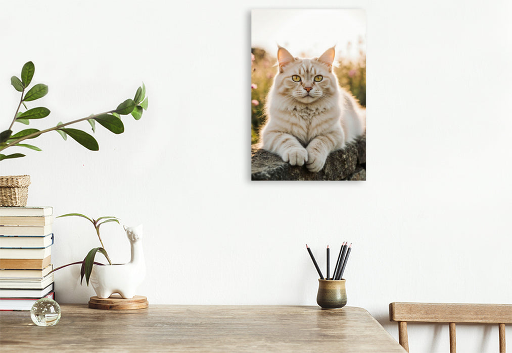 Premium Textil-Leinwand Die Maine Coon Katze liegt entspannt auf einer Mauer und genießt das warme Sonnenlicht.