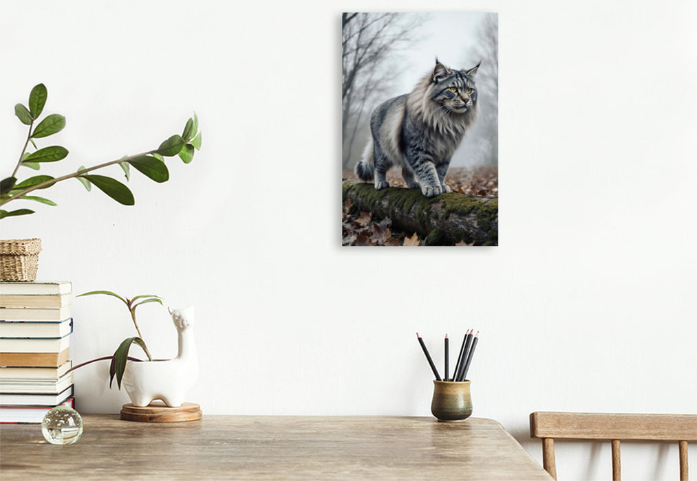 Premium Textil-Leinwand Die Maine Coon Katze schreitet durch den herbstlichen Wald und zeigt ihre kraftvolle Präsenz.
