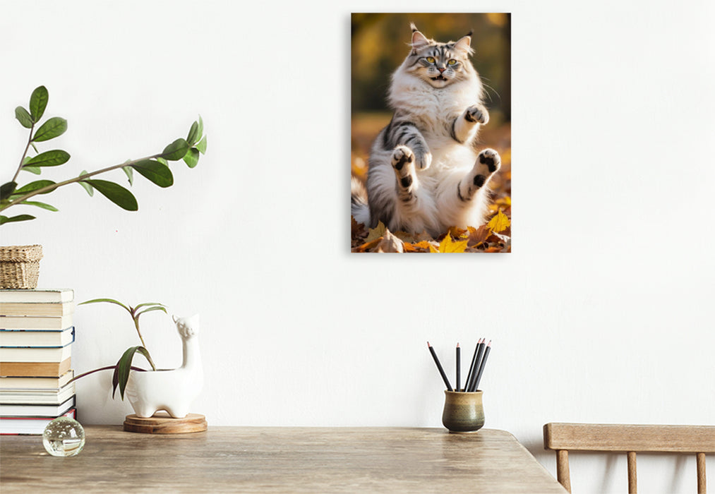 Premium Textil-Leinwand Eine Maine Coon Katze spielt im Herbstlaub und zeigt ihre verspielte Seite voller Lebensfreude