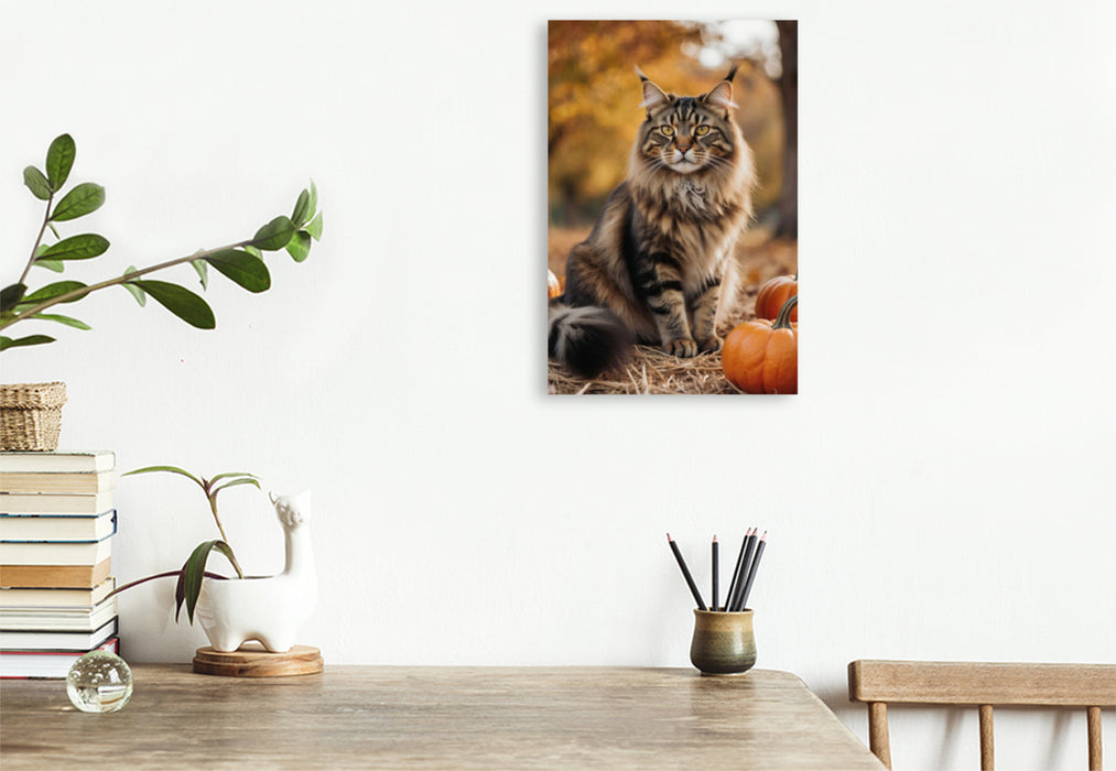 Premium Textil-Leinwand Eine Maine Coon Katze sitzt im Herbst zwischen Kürbissen und zeigt ihre elegante Ausstrahlung.