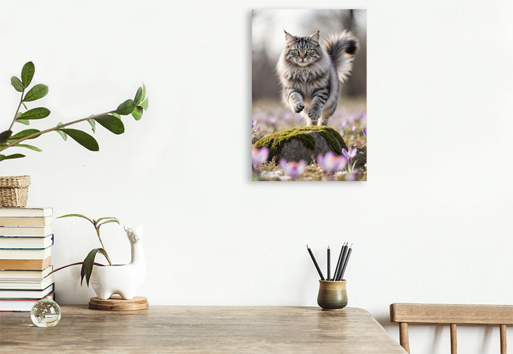 Premium Textil-Leinwand Eine Maine Coon Katze springt über einen Felsen und bewegt sich voller Energie durch die Frühlingsblumen