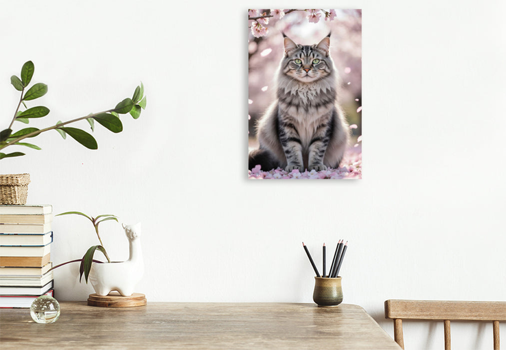 Premium Textil-Leinwand Eine Maine Coon Katze sitzt unter blühenden Kirschblüten und zeigt ihre ganze Schönheit.