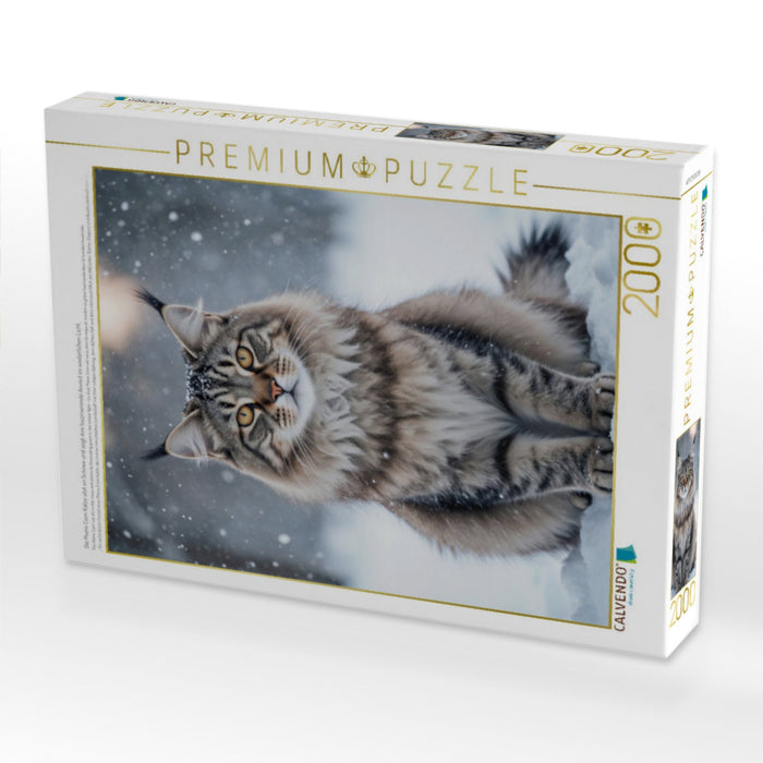 Die Maine Coon Katze sitzt im Schnee und zeigt ihre faszinierende Anmut im winterlichen Licht. - CALVENDO Foto-Puzzle'
