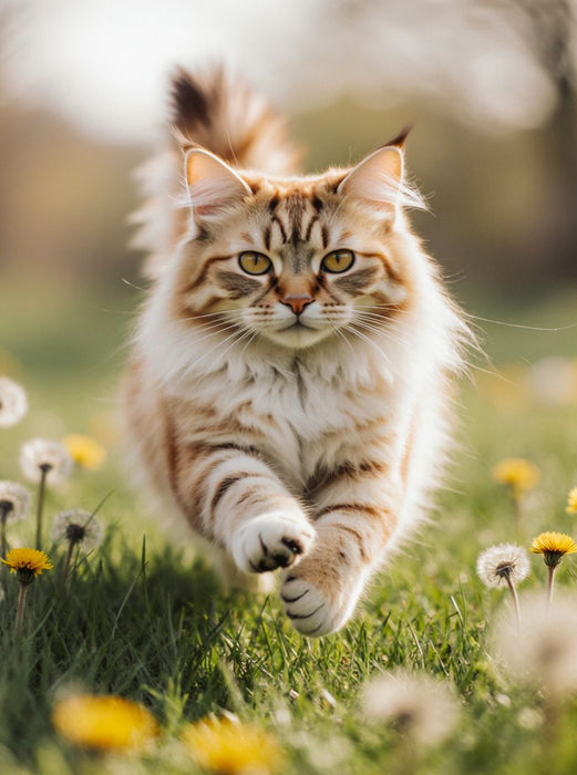 Die Maine Coon Katze läuft voller Energie durch eine blühende Frühlingswiese. - CALVENDO Foto-Puzzle'