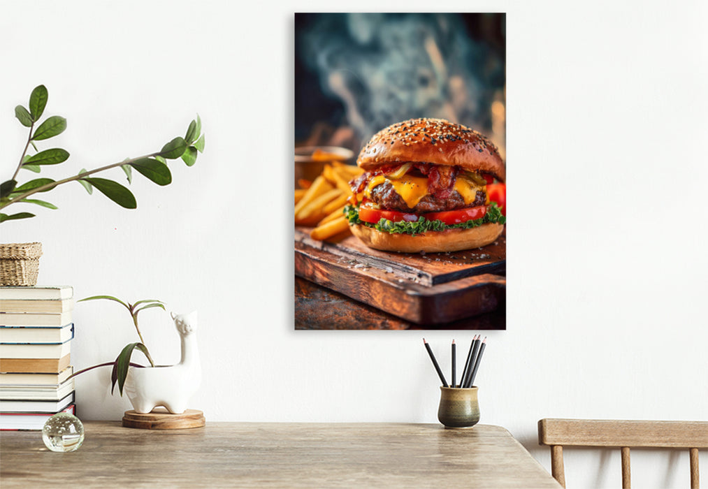 Premium Textil-Leinwand Burger, saftig, käsig & mit knusprigen Pommes