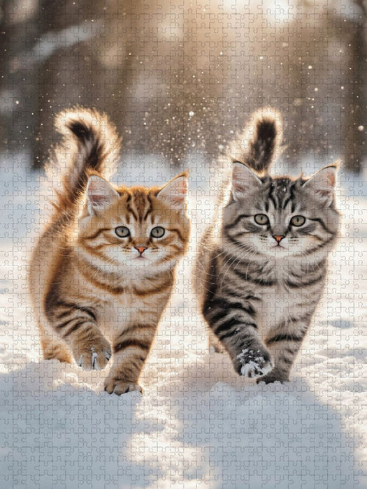 Zwei Maine Coon Katzenbabys toben im Schnee und verzaubern mit ihrem neugierigen Blick. - CALVENDO Foto-Puzzle'