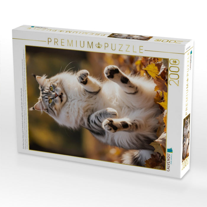 Eine Maine Coon Katze spielt im Herbstlaub und zeigt ihre verspielte Seite voller Lebensfreude - CALVENDO Foto-Puzzle'