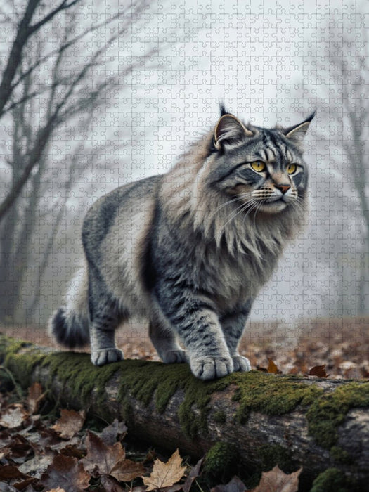 Die Maine Coon Katze schreitet durch den herbstlichen Wald und zeigt ihre kraftvolle Präsenz. - CALVENDO Foto-Puzzle'