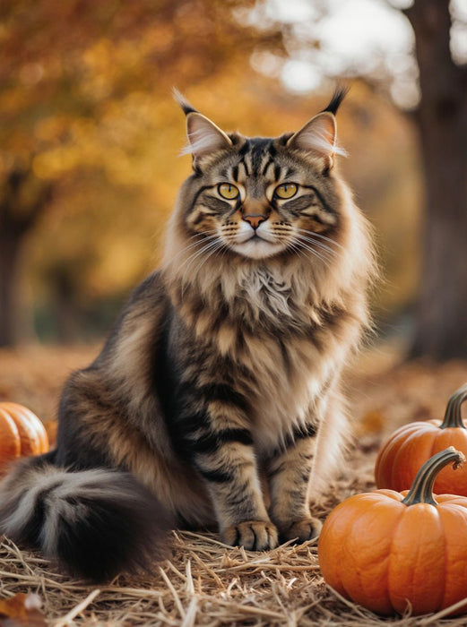 Eine Maine Coon Katze sitzt im Herbst zwischen Kürbissen und zeigt ihre elegante Ausstrahlung. - CALVENDO Foto-Puzzle'