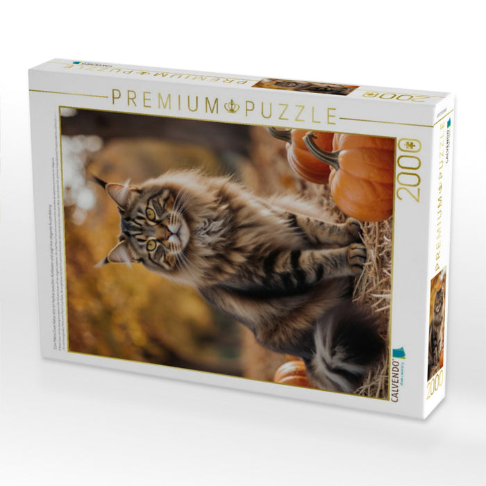 Eine Maine Coon Katze sitzt im Herbst zwischen Kürbissen und zeigt ihre elegante Ausstrahlung. - CALVENDO Foto-Puzzle'