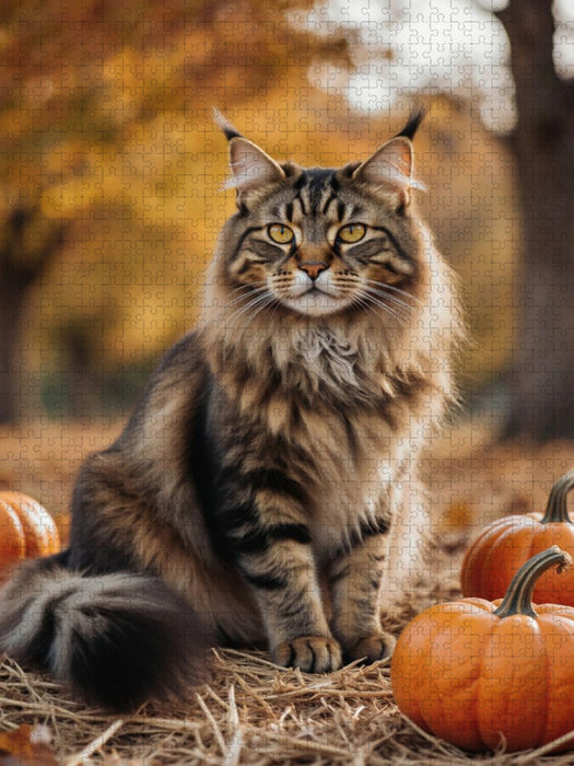 Eine Maine Coon Katze sitzt im Herbst zwischen Kürbissen und zeigt ihre elegante Ausstrahlung. - CALVENDO Foto-Puzzle'