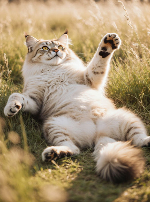 Eine Maine Coon Katze liegt entspannt im hohen Gras und streckt spielerisch ihre Pfote aus. - CALVENDO Foto-Puzzle'