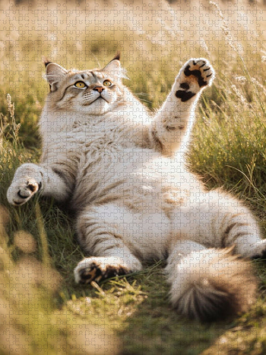 Eine Maine Coon Katze liegt entspannt im hohen Gras und streckt spielerisch ihre Pfote aus. - CALVENDO Foto-Puzzle'