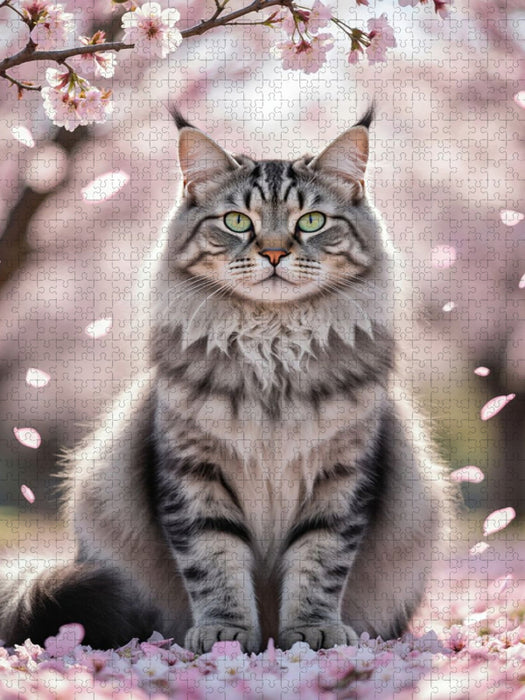 Eine Maine Coon Katze sitzt unter blühenden Kirschblüten und zeigt ihre ganze Schönheit. - CALVENDO Foto-Puzzle'