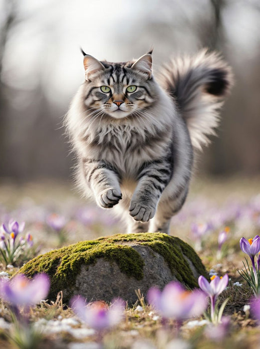Eine Maine Coon Katze springt über einen Felsen und bewegt sich voller Energie durch die Frühlingsblumen - CALVENDO Foto-Puzzle'