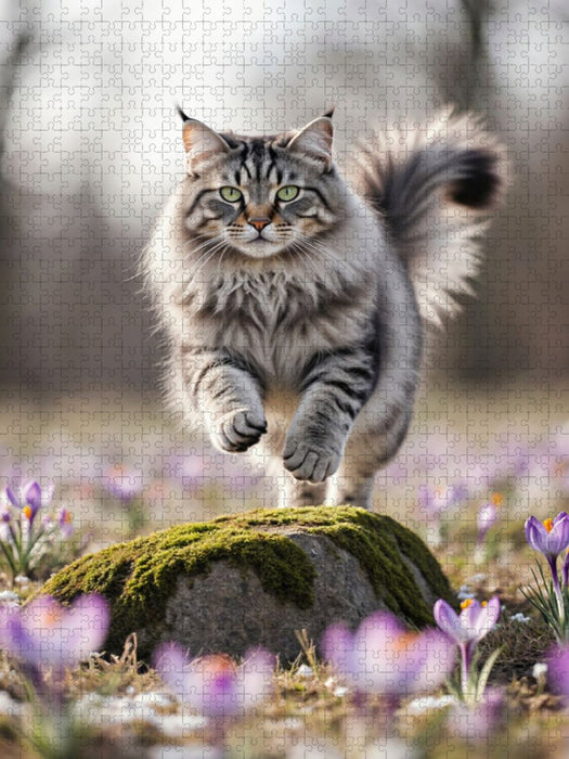 Eine Maine Coon Katze springt über einen Felsen und bewegt sich voller Energie durch die Frühlingsblumen - CALVENDO Foto-Puzzle'