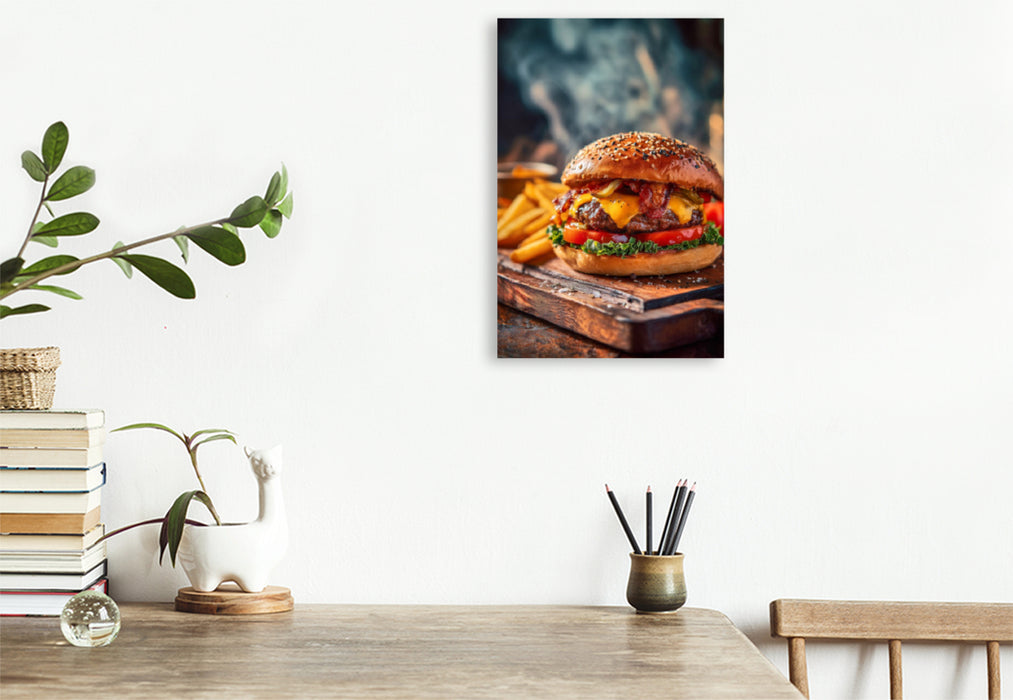 Premium Textil-Leinwand Burger, saftig, käsig & mit knusprigen Pommes
