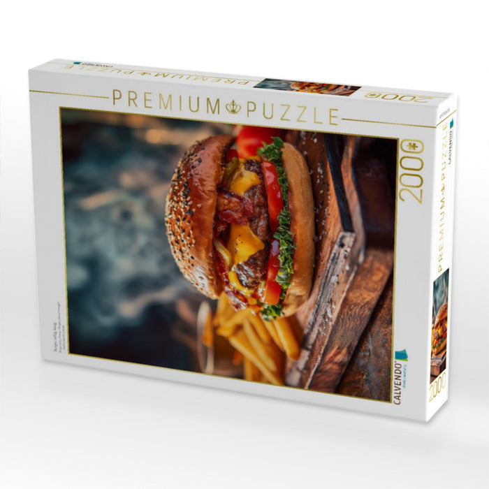 Burger, saftig, käsig & mit knusprigen Pommes - CALVENDO Foto-Puzzle'