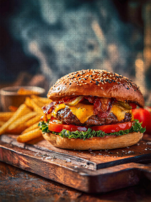 Burger, saftig, käsig & mit knusprigen Pommes - CALVENDO Foto-Puzzle'