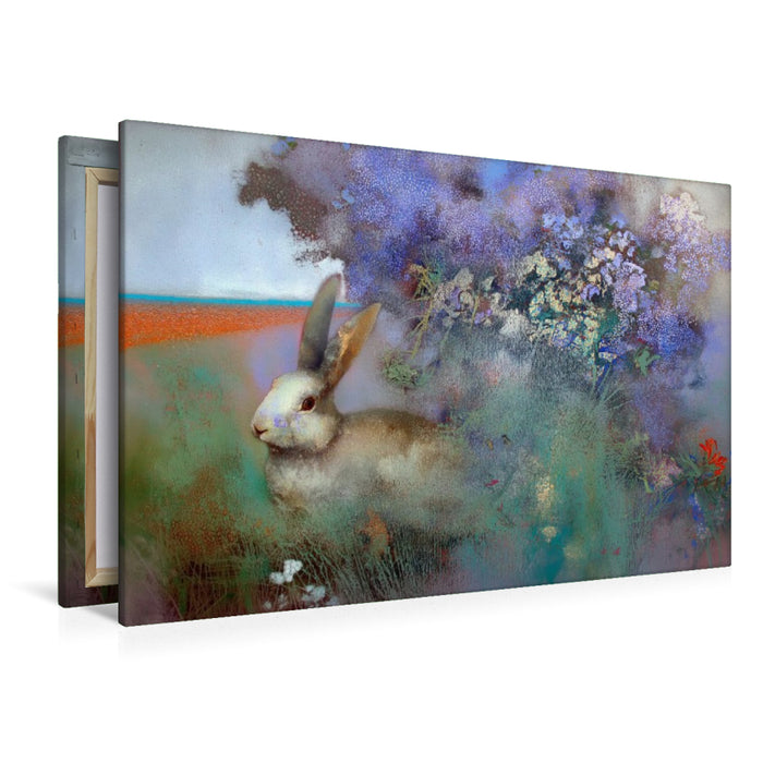 Premium Textil-Leinwand Hase vor der Hecke