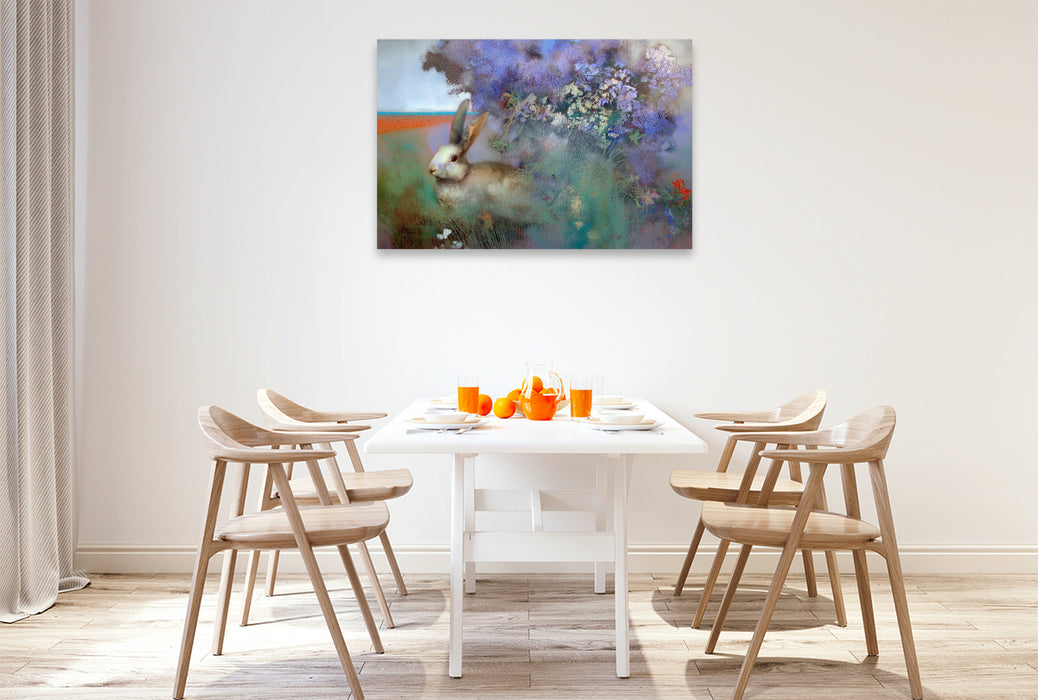 Premium Textil-Leinwand Hase vor der Hecke