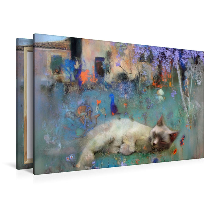 Premium Textil-Leinwand Schlummernde Katze im Garten