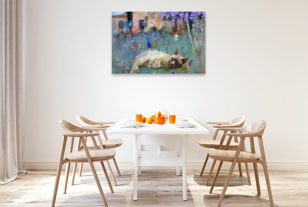 Premium Textil-Leinwand Schlummernde Katze im Garten