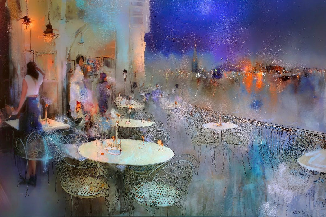 Premium Textil-Leinwand Bistro am See