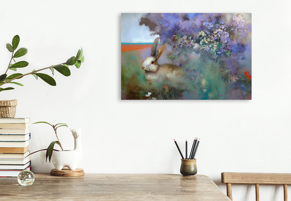 Premium Textil-Leinwand Hase vor der Hecke