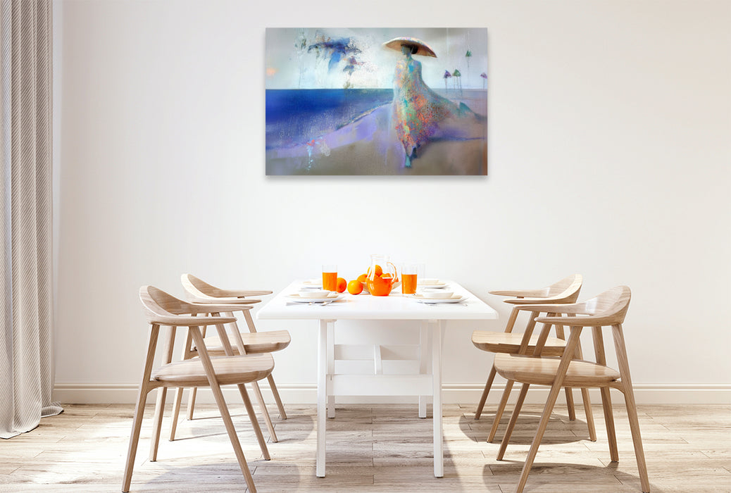 Premium Textil-Leinwand Dame am Strand