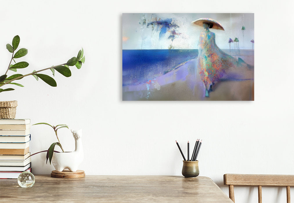 Premium Textil-Leinwand Dame am Strand
