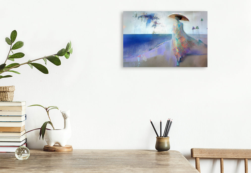 Premium Textil-Leinwand Dame am Strand