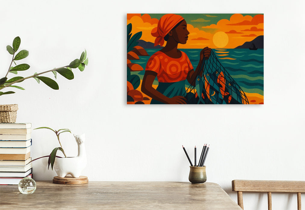 Premium Textil-Leinwand Zwischen Sonnenuntergang und Hoffnung liegt der Fang des Tages