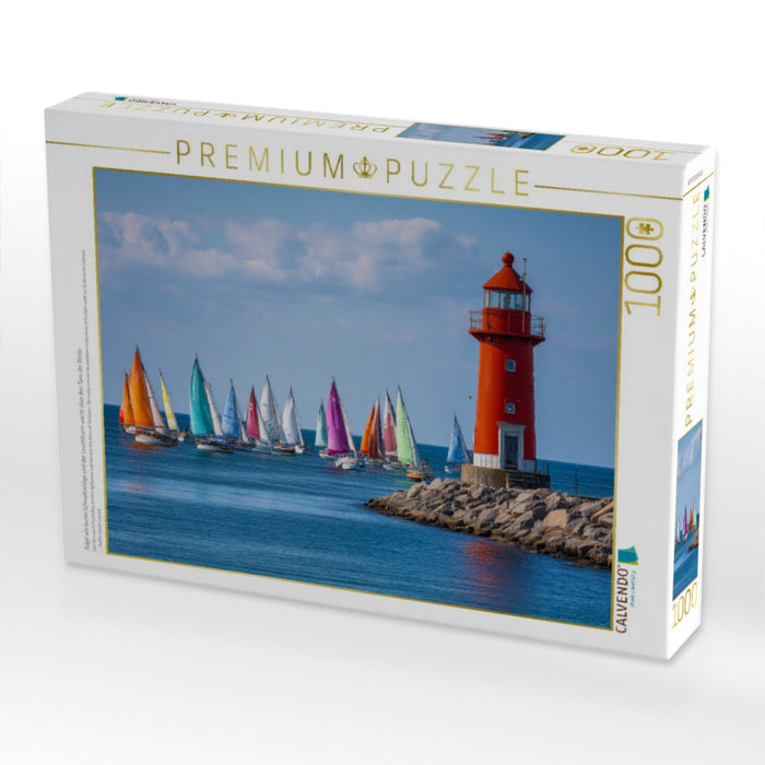 Segel wie bunte Schmetterlinge und der Leuchtturm wacht über den Tanz der Boote - CALVENDO Foto-Puzzle'