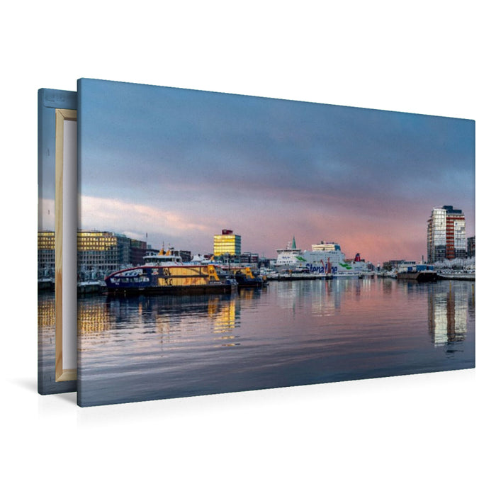 Premium Textil-Leinwand Winterliche Abendstimmung an der Hörn mit Blick zur Klappbrücke