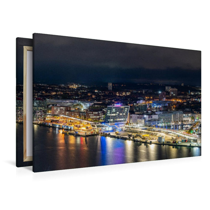 Premium Textil-Leinwand Bootshafen von oben – funkelnde Lichter im Dunkeln