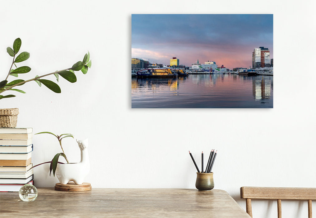 Premium Textil-Leinwand Winterliche Abendstimmung an der Hörn mit Blick zur Klappbrücke