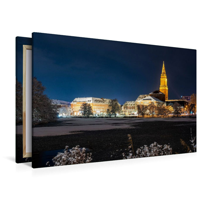 Premium Textil-Leinwand Kieler Rathaus im Schnee, gesehen über den Kleinen Kiel