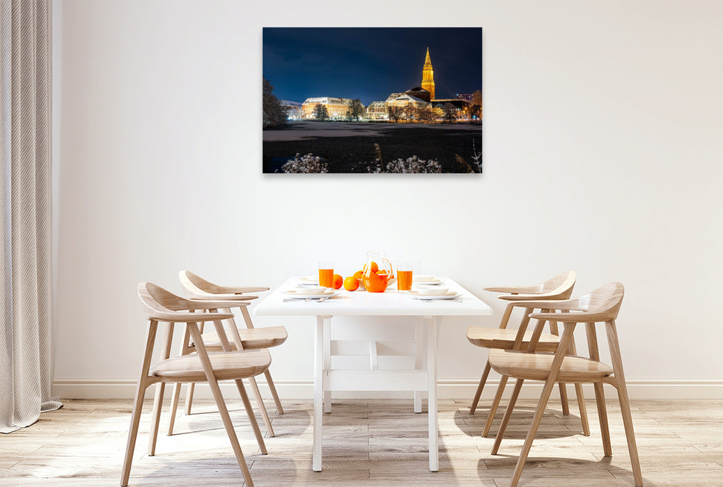 Premium Textil-Leinwand Kieler Rathaus im Schnee, gesehen über den Kleinen Kiel