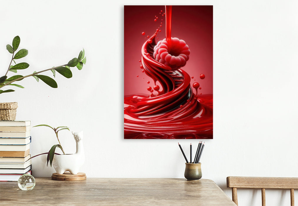 Premium Textil-Leinwand Eine fruchtige Himbeere tanzt im cremigen Reigen