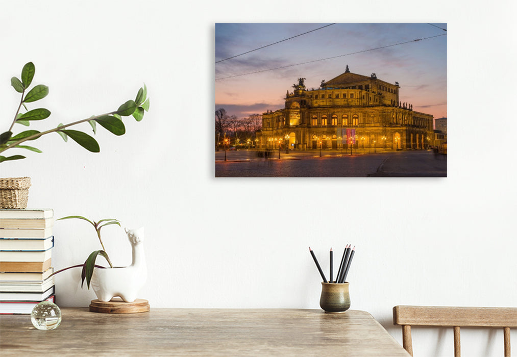 Premium Textil-Leinwand Dresden - Sonnenuntergang an der Semperoper