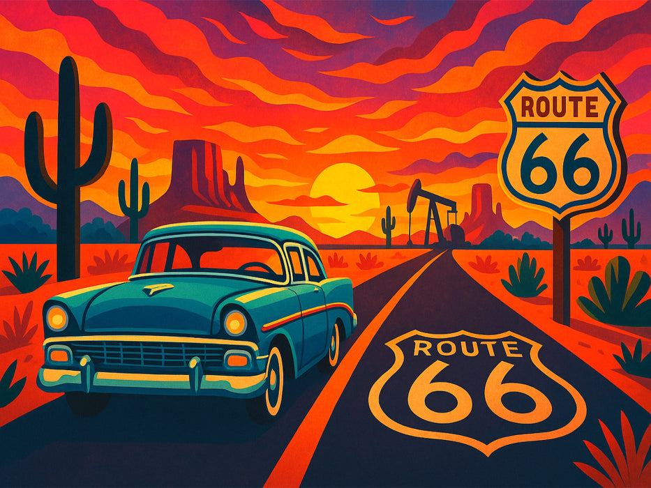 Route 66: Der Mythos des amerikanischen Westens. Wo Träume rollen, Motoren singen und die Sonne den Asphalt vergoldet. - CALVENDO Foto-Puzzle'