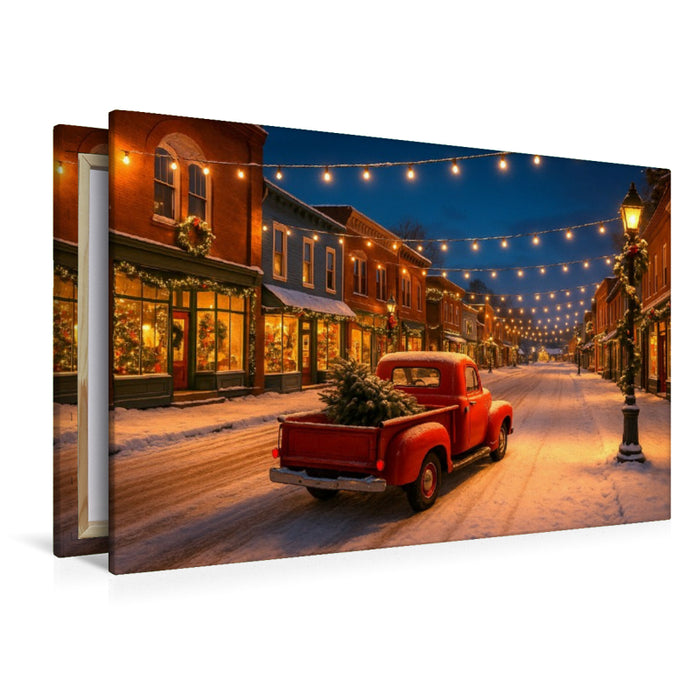 Premium Textil-Leinwand Weihnachten in Amerika – Magie im Lichterglanz. Ein roter Pickup, Schnee und festliche Straßenromantik