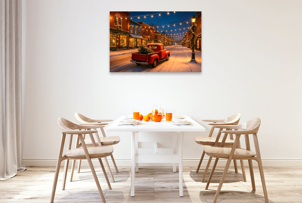 Premium Textil-Leinwand Weihnachten in Amerika – Magie im Lichterglanz. Ein roter Pickup, Schnee und festliche Straßenromantik