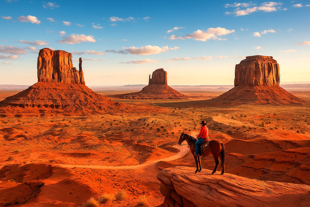 Premium Textil-Leinwand Monument Valley – Im Land der roten Riesen. Ein Cowboyblick über die Weiten des Wilden Westens